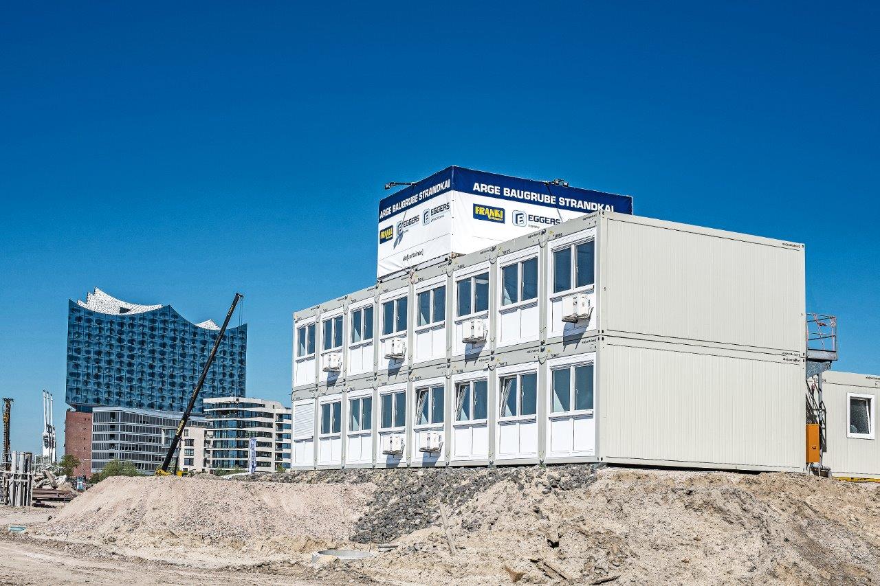 ELA Container - værksteds- og lagermoduler på stor byggeplads i Hamborg 